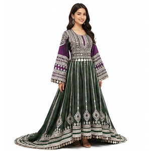 Vestido Kurta Tradicional de Seda Verde con Bordado Plateado, Ropa Étnica para Mujer, Vestido Afgano Kuchi Largo y Holgado para Bodas - Product Image 3
