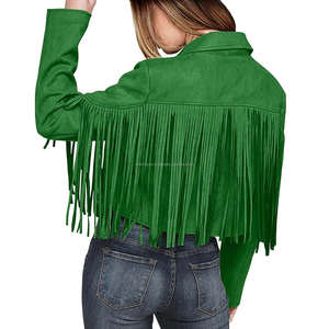 Chaquetas de mujer con flecos de cuero de ante Vintage verde, abrigo de manga larga con solapa abierta estilo vaquero occidental bohemio - Product Image 6
