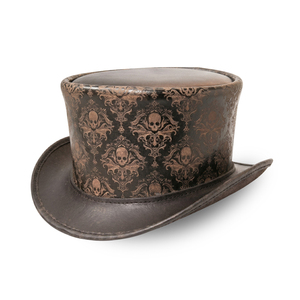 Chapeau haut de forme en cuir véritable personnalisé, imprimé crâne marron, damassé, style gothique steampunk, accessoires vestimentaires - Product Image 1