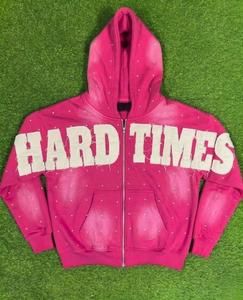 Sudadera con Capucha Hard Times Bordada con Pedrería para Hombre, Naranja, Estilo Urbano, Corte Holgado, Transpirable, de Algodón French Terry - Product Image 2