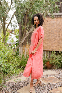 Coral Embroidered Organza Floral Print Breathable V-neck <b>Kaftan</b> Dress Boho <b>Beach</b> Cover up Loose Fit Resort Wear Summer Maxi - Product Image 6