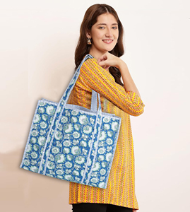 Handmade Lightweight Eco-Friendly Quilted Cotton Tote <b>Bag</b> Blue Green Floral Block Print Reversible Open Summer Autumn Washable - Product Image 4