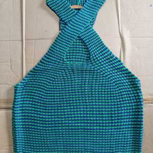 Women's Casual Short <b>Striped</b> Halter <b>Crop</b> <b>Top</b> 220g All Seasons Wholesale OEM ODM Crisscross Keyhole Cutout Sleeveless Knit Bulk - Product Image 2