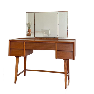 Mid-Century Modern Teak 5-<b>Drawer</b> Vanity <b>Dressing</b> <b>Table</b> <b>with</b> Frameless Tri-Fold <b>Mirror</b> - Product Image 1