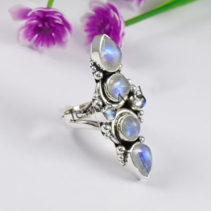 Bague artisanale en pierre de lune naturelle arc-en-ciel, bague en argent - Product Image 3