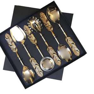 Ensemble de serveurs à salade en acier inoxydable et laiton, design feuille, 6 pièces, pour mariages et fêtes, boîte noire - Product Image 1
