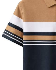 Polo de manga corta para hombre, con cremallera de un cuarto, a rayas camel y negras, informal, con paneles en contraste, personalizado por el fabricante, para verano. - Product Image 5