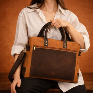 Porte-documents classique en toile pour ordinateur portable, couleur orange bicolore, sac de bureau professionnel durable avec poignées en cuir et bandoulière - Product Image 6
