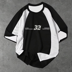 Men's Black <b>White</b> Contrast Short Sleeve T-Shirt Front Letter Print O-Neck Casual Streetwear Breathable Polyester/Cotton Jersey - Product Image 1