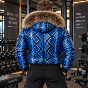 Chaqueta de Motociclista Premium para Hombre, de Cuero de Pitón Genuino, con Capucha de Piel de Zorro |   Chaqueta de cuero para hombre |   Chaqueta de Cuero para Hombre - Product Image 2