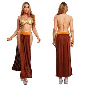 Disfraz de lencería de princesa árabe para mujer, falda maxi, sujetador metálico y gargantilla con cadena, ropa de danza del vientre, para una cita temática - Product Image 1