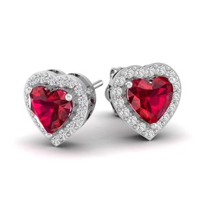 REYES Heart Shape 1.5 Carat Ruby Gemstone Earrings for <b>Wife</b> Dainty 14K 18K Yellow Gold Diamond Screw Back Stud Halo Earrings - Product Image 5