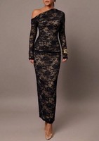 Robe longue asymétrique en dentelle pour femme, à manches longues, froncée, moulante, pour soirée, vente en gros, personnalisable