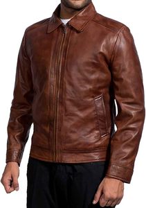 Men's Brown Genuine <b>Leather</b> <b>Jacket</b> Turn-down Collar Zipper Closure Solid Color Casual Autumn Wear Regular Length - Product Image 2