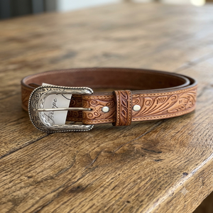 Ceinture en cuir western personnalisée en gros pour hommes et femmes avec gravure florale artisanale et boucle ardillon antique en laiton - Product Image 1