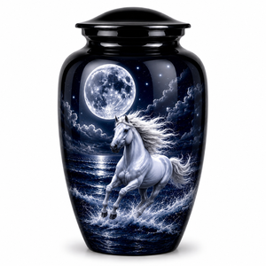 Hermosa urna funeraria de metal (latón/aluminio) con diseño de Luna Azul Antigua y Caballo Blanco para cenizas de adultos. - Product Image 1