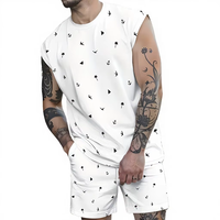 Two Men's Summer Casual Sleepwear Featuring Sleeveless Crew Neck Vests Drawstring Shorts Pockets 100% Cotton Knitted Breathable