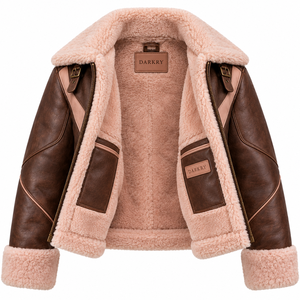<b>Womens</b> Brown Blush Pink Genuine Sheepskin Leather Shearling <b>Jacket</b> Plush <b>Fleece</b> Lapel Buckled Strap Winter <b>Warm</b> Coat - Product Image 5