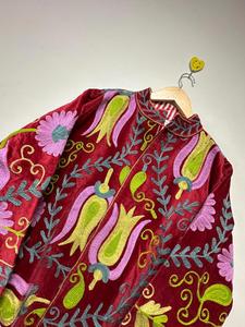 Vintage Red <b>Velvet</b> Suzani Embroidered <b>Jacket</b> with Floral Pattern Full Sleeve Stand Collar Bohemian <b>Women's</b> Autumn Outerwear - Product Image 6