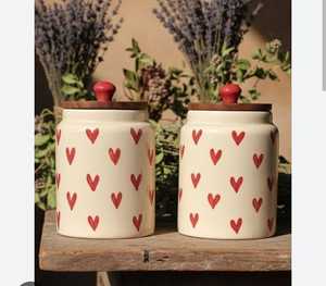 Ceramic Heart Pattern Food <b>Storage</b> <b>Jar</b> With Wooden Lid Airtight <b>Kitchen</b> Container Vintage Design - Product Image 1