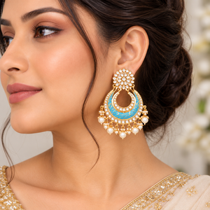 Boucles d'oreilles pendantes ethniques indiennes Kundan, imitation rhodium, zircon, perles d'imitation, bijoux de mariée, vente en gros - Product Image 1