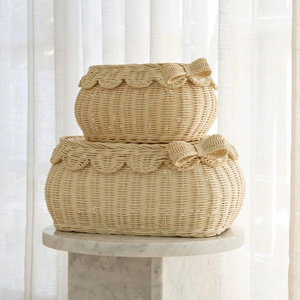 Boho Round Rattan <b>Storage</b> Basket With Lid And Bow Detail Wicker Organizer For Nursery Toy <b>Storage</b> Handmade Kids <b>Hamper</b> Decor - Product Image 1