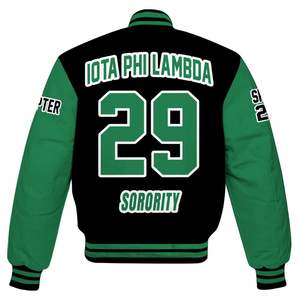 Veste universitaire personnalisée pour femmes Iota Phi Lambda, noire et vert émeraude, avec lettres, écusson, numéro et année, style bomber pour sororité - Product Image 6