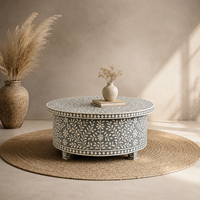 Table basse moderne en résine faite à la main, ronde, avec incrustation d'os, motif géométrique floral, noir et blanc, meubles de salon