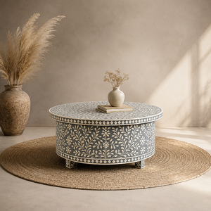 Handmade Modern Resin <b>Coffee</b> <b>Table</b> Round Bone Inlay Geometric Floral Black <b>White</b> Living Room Furniture - Product Image 3