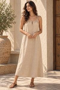 Fournisseur OEM Professionnel – Nouvelle Collection – Robe Midi Décontractée d'Été Beige à Bretelles Fines, Respirante, Écologique, Style Vintage, Ample, en Lin/Coton - Product Image 6
