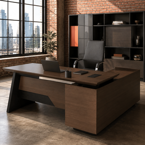 Escritorio Ejecutivo Moderno en Forma de L, Estilo Industrial, para Granja o Casa de Campo, Estación de Trabajo para Computadora Grande de Color Marrón con Cajones de Almacenamiento - Product Image 1