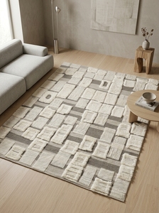 Alfombra de Lana Anudada a Mano, Alfombra Moderna con Textura de Patchwork, Alfombra de Diseño Neutral Hecha a Mano para Sala de Estar - Product Image 5