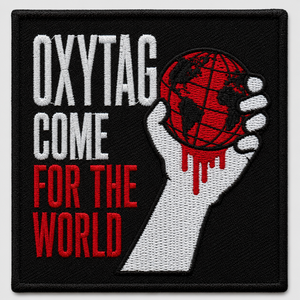Patch brodé Oxytag Come For The World, carré, thermocollant, avec motif globe, texte rouge et blanc sur fond noir - Product Image 5
