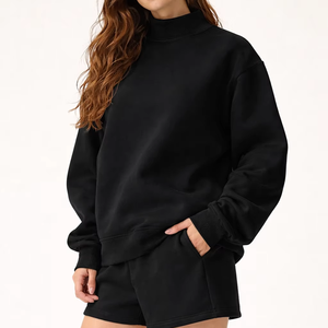 High Quality Breathable Eco-Friendly Polyester Cotton Fleece Solid Color Mockneck Streetwear Sweatshirt 2 Piece Shorts Winter - Product Image 1