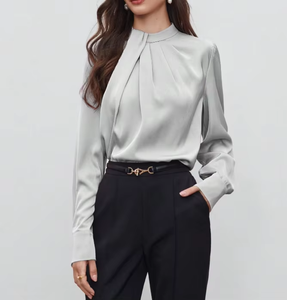Custom Made Lady's Long Sleeve Fashion <b>Satin</b> <b>Blouse</b> Women's Shirt with Pleated Collar - Product Image 4