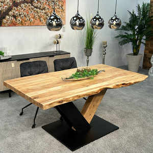 Industrial Iron & Wooden Solid Mango Wood Live Edge Thick Top Metal & Wooden Combination Pedestal Base <b>Kitchen</b> Home Dining Table - Product Image 1