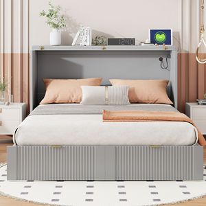 Letto a scomparsa matrimoniale grigio con struttura a pulegge, cassetto e prese/porte USB - Product Image 3