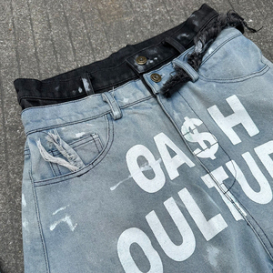 Custom Embroidery <b>Patches</b> Solid Denim <b>Shorts</b> <b>Men</b> Vintage Acid Wash Ripped Distressed Double Mid-Waist Casual High Street - Product Image 4
