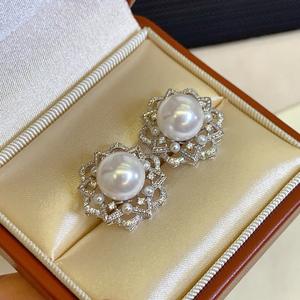 Boucles d'oreilles en argent S925, perle simple et polyvalente, perle ronde Edison de 10-11 mm, lumière intense, boucles d'oreilles en cristal Earline - Product Image 2