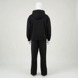 mens black contrast stitch tracksuit full <b>zip</b> <b>hooded</b> jacket and split hem wide leg jogger pants set activewear winter sports out - Product Image 3