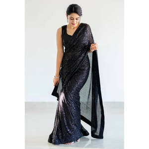 Sari de Fiesta para Mujer de Diseñador con Trabajo de Lentejuelas y Borde de Ribete - Product Image 4