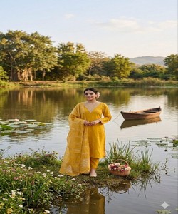 ชุดสัลวาร์ คามีซ ผ้าฝ้ายสีเหลือง พร้อมผ้าคลุมไหล่ ชุดพื้นเมืองอินเดียแบบดั้งเดิม ชุดลำลองสำหรับผู้หญิง ความยาวระดับข้อเท้า รุ่นปกติ 85161 SI:- 349 - Product Image 2