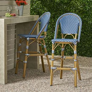 Set di 2 sgabelli da bar francesi in rattan PE da esterno da 29,5 pollici, colore verde acqua scuro e bianco, con struttura in alluminio e finitura in bambù - Product Image 3