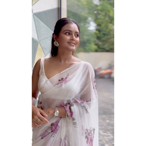 ATTRACTIF ORGANZA IMPRIMÉ FLORAL AVEC MOTI CUTDANA TRAVAIL À LA MAIN SAREE AVEC BLOUSE NON COUCHÉE BLANC - Product Image 1