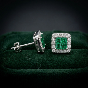 Trendy 18K White Gold Square Shape Princess Cut <b>Emerald</b> Earrings Diamond <b>Stud</b> Custom Design For Milestone Birthday - Product Image 1