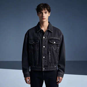 Men's Dark Blue Denim Jacket Regular Fit Turn-down Collar Washed Cotton Casual Autumn Wear Single Breasted <b>Button</b> Closure - Product Image 2