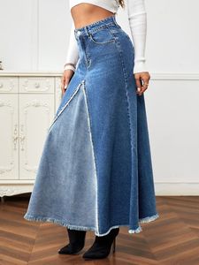 High Waisted A-Line Denim Midi Skirt Women Solid Dark Wash Button Front Casual Style - Product Image 4