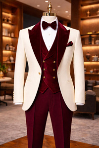 Costume de smoking 3 pièces pour homme, velours bordeaux, veste blanche, double boutonnage, tenue de cérémonie - Product Image 4