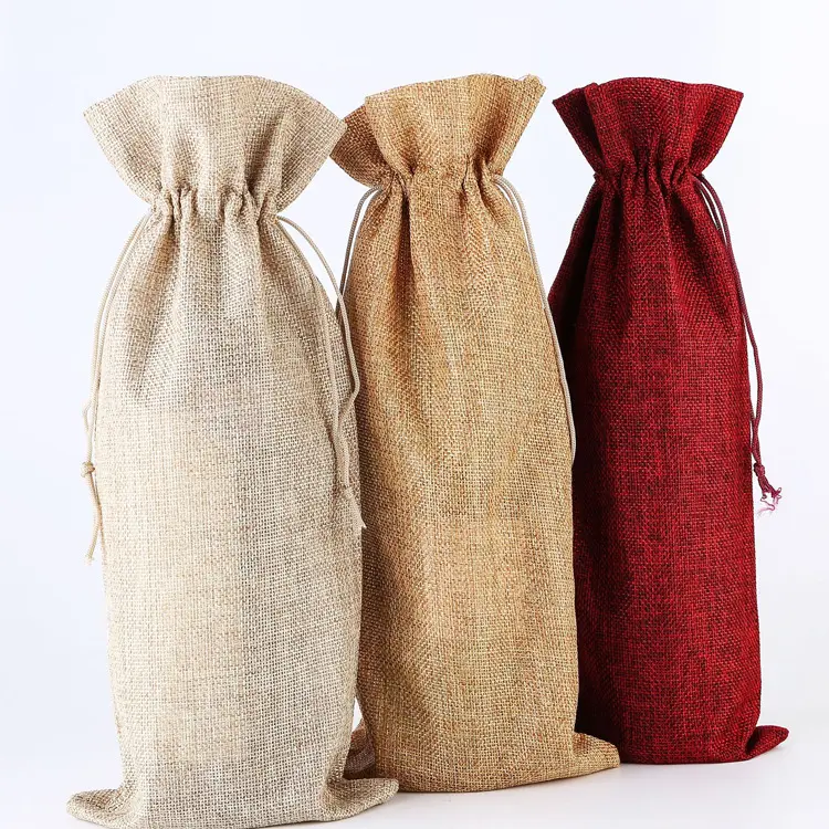 Dust-proof storage wine gift packaging bag small linen pouch custom printed logo drawstring red linen wine bottle bags