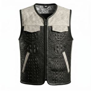 Men Genuine Leather <b>Vest</b> <b>Black</b> Gray Snake Print Patchwork Spliced Collarless Casual Outer Wear - Product Image 2